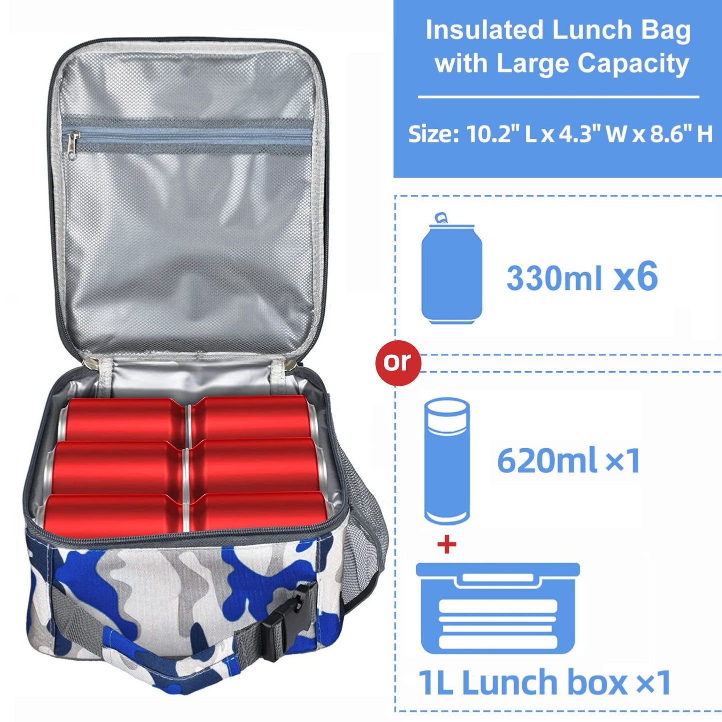 IWTTWY Insulated Lunch Bag Camo Cooler Bag Portable Carrying Lunch Box Bag for Boys Girls Women Men to School Office Outdoor (Camo Blue) Camo Blue