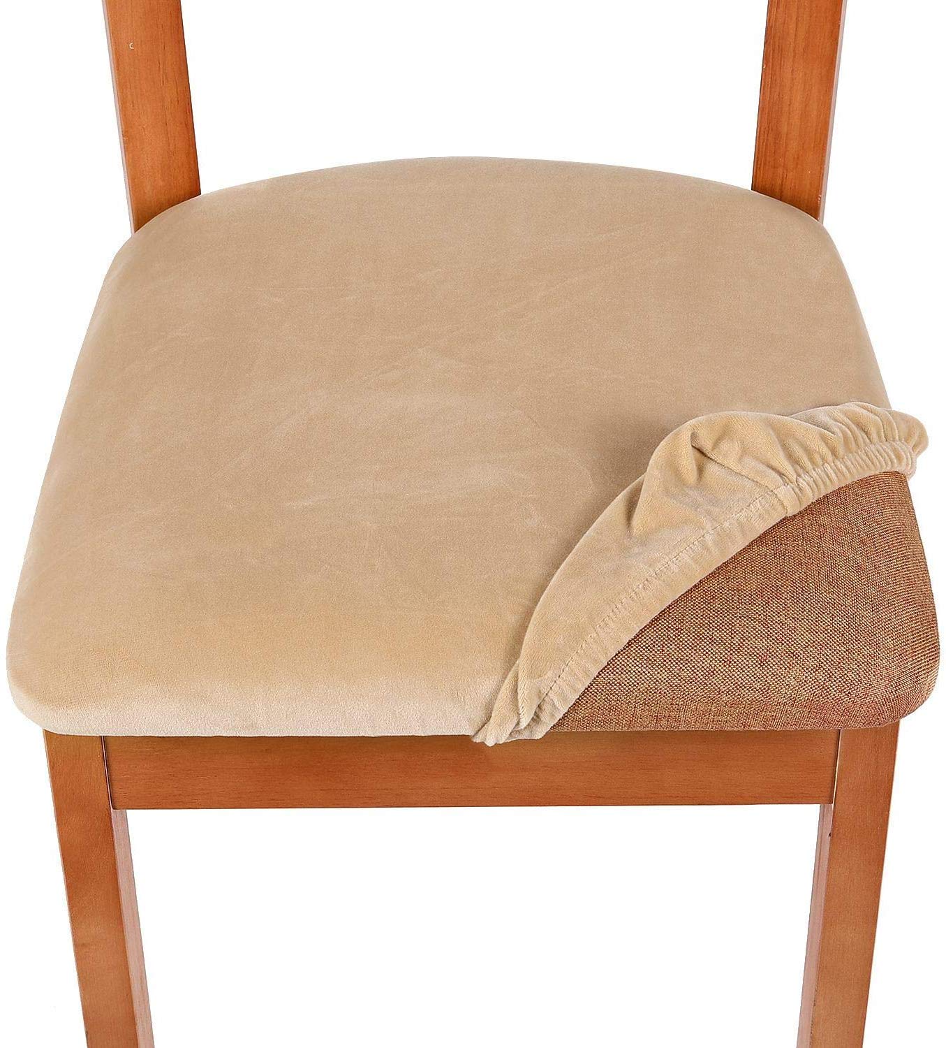 smiry Stretch Chair Seat Covers for Dining Room, Velvet Dining Chair Seat Protectors Chair Slipcovers, Set of 6, Beige