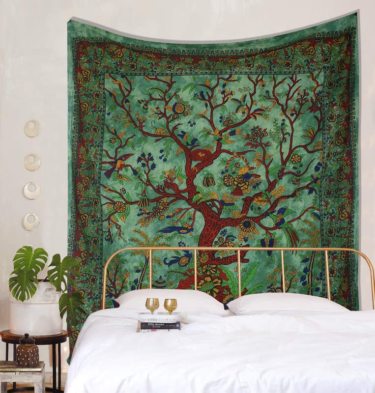 THE ART BOX Tapestry Green Tree of Life Wall Hanging Psychedelic Tapestries Indian Cotton King Bedspread Picnic Sheet Wall Decor Blanket Wall Art Hippie Bedroom Décor (King, 90x105 Inch) 90.00" x 105.00"