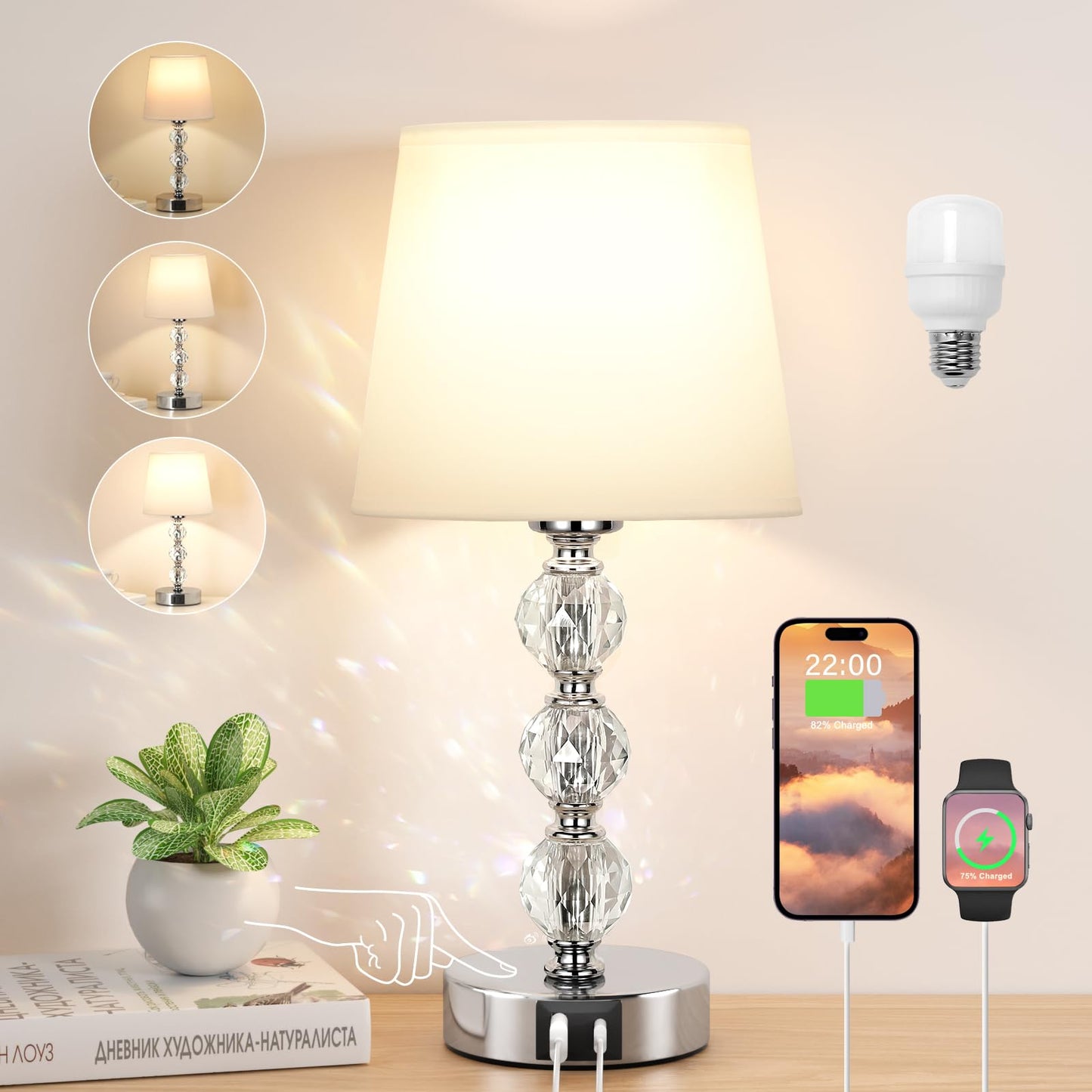 Aooshine Bedside Table Lamp, Crystal Touch Lamps Bedside with USB C+A Charging Ports, Small Bedside Lamp with 3 Way Dimmable, Bedroom Lamp with White Fabric Shade for Living Room (LED Bulb Included) A-crystal