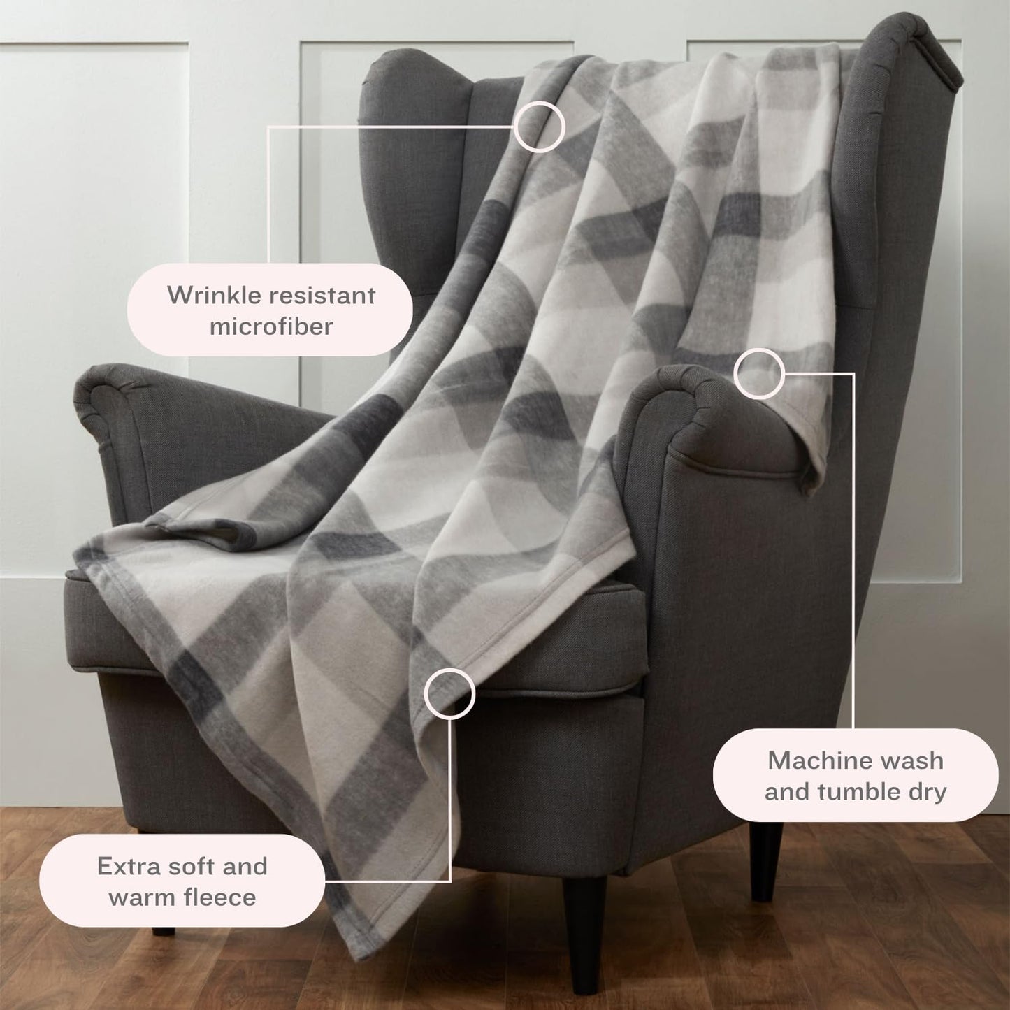 Dreamscene Winter Check Fleece Blanket Super Soft Warm Cosy Sofa Bed Picnic Garden Throw Over, Plaid Tartan Grey White - 120 x 150cm Grey White Check