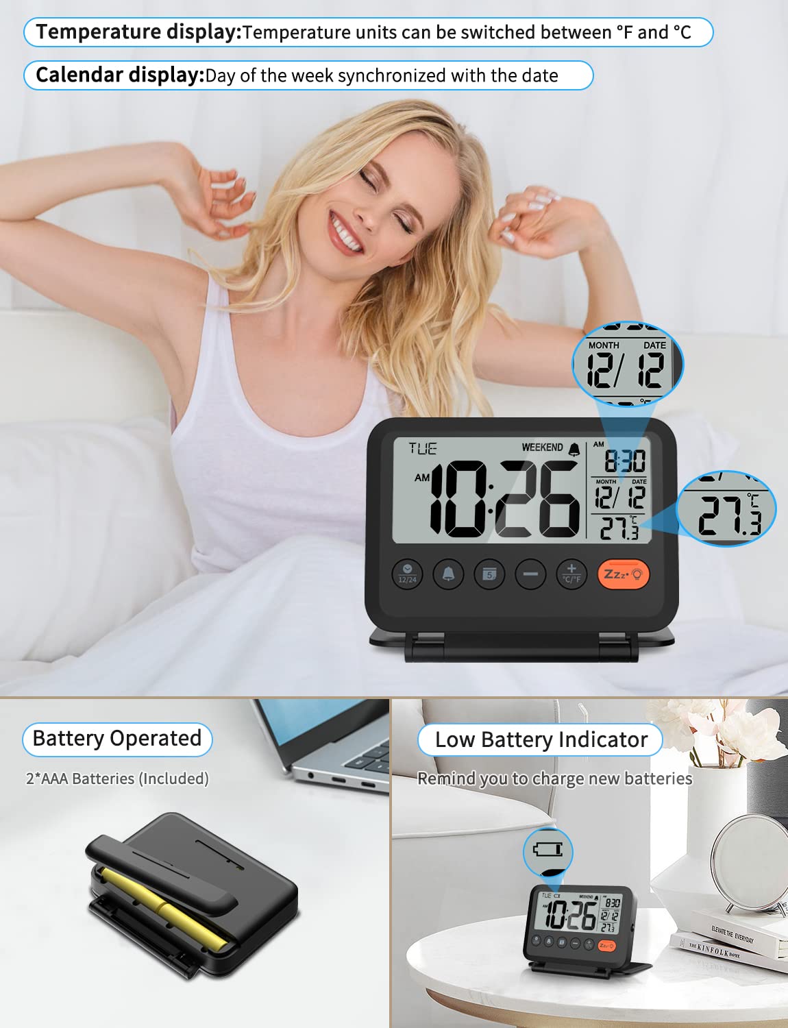 MeesMeek Travel Alarm Clock: 2-Level Backlight, 2 Volumes, 12/24H, Calendar, Temperature, Weekend Mode, Snooze, Folding Cover, Battery Operated Small Digital Clock (AAA Batteries Included)