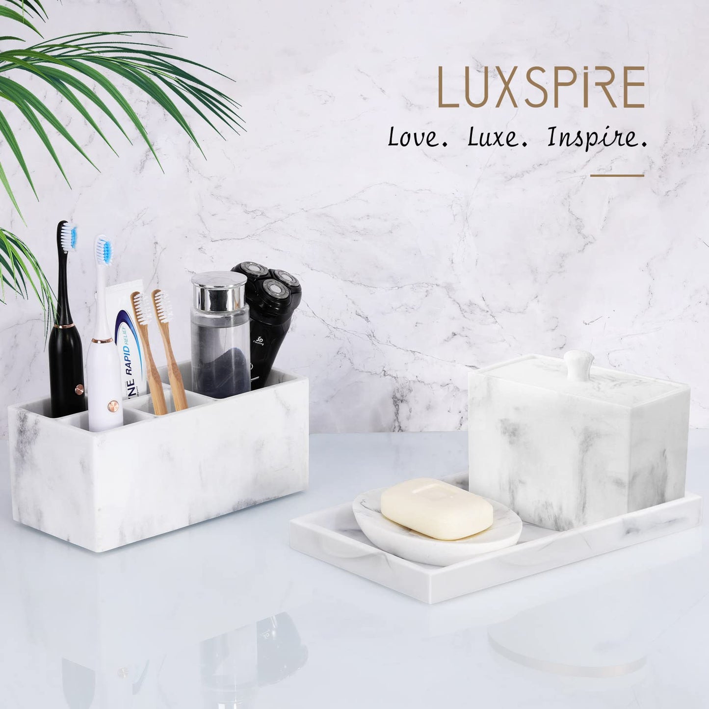 Luxspire Bathroom Vanity Tray, Resin Dresser Jewelry Ring Dish Tank Storage Kitchen Sink Countertop Organizer Plate Holder for Perfume Candles Soap Towel Plant Bathroom Accessories, M, White Marble