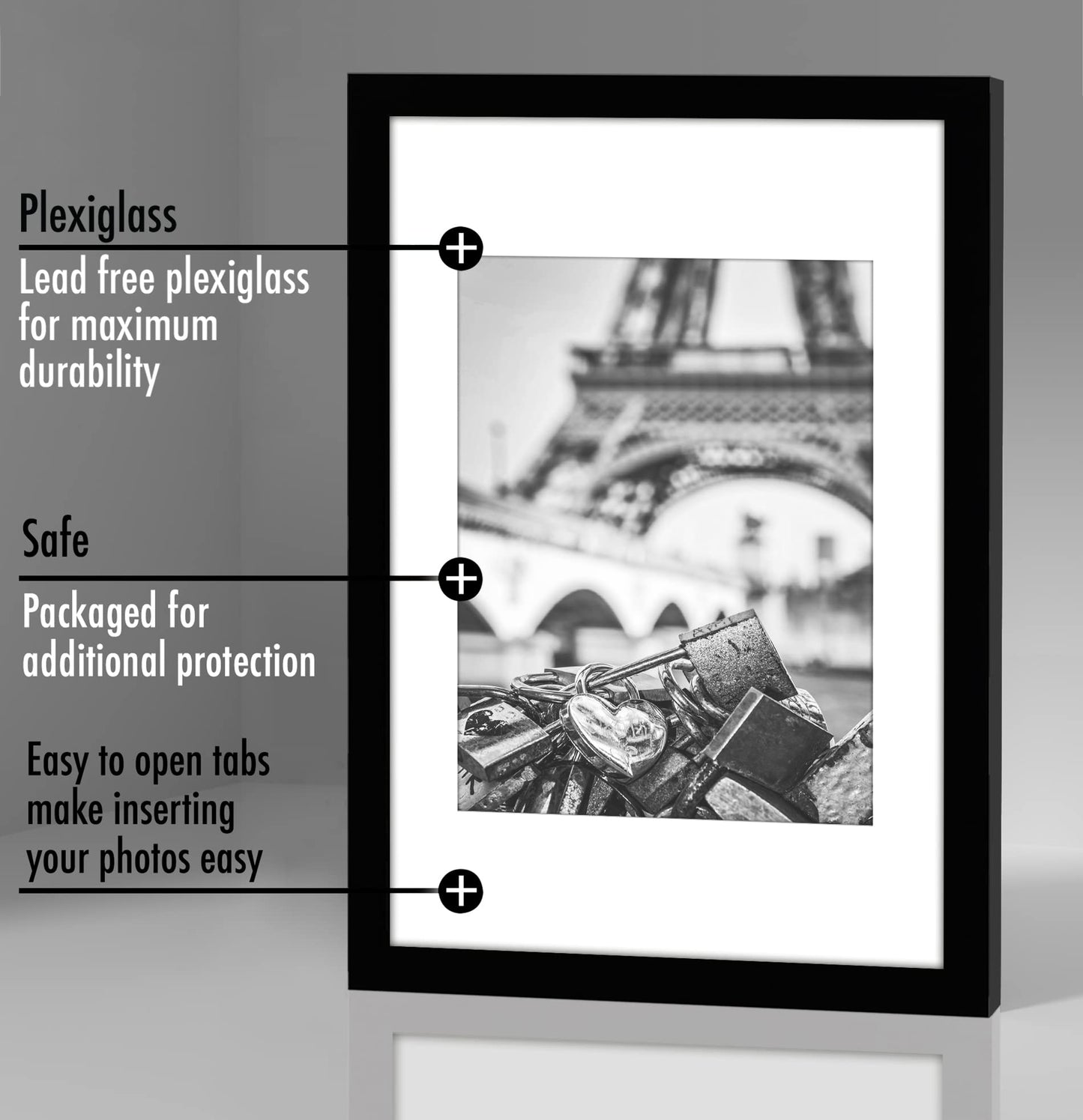 Americanflat 12x8 Photo Frame in Black - Set of 5 - Use as 6x8 Photo Frame with Mount or 8x12 Frame Without Mount - Plexiglass Cover and Hanging Hardware for Horizontal or Vertical Display LONDON