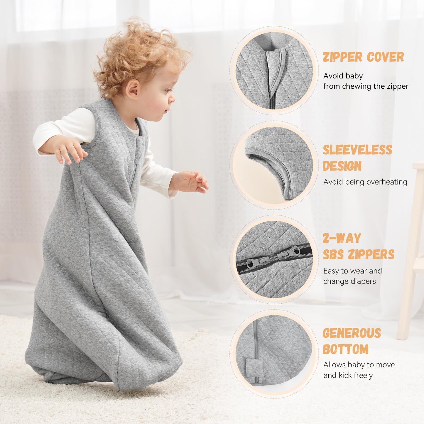 Yoofoss Baby Sleeping Bag 6-12 Months 100% Cotton TOG 2.5 Winter Toddler Sleep Sack Wearable Blanket for Infant Toddler Grey