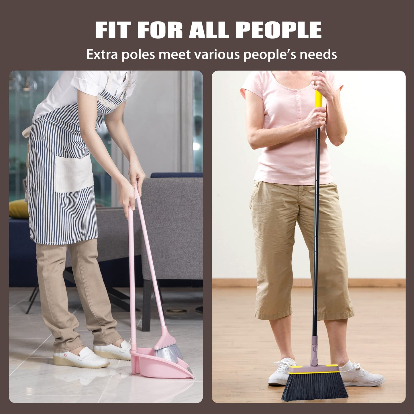 JEHONN Dustpan and Brush Set with 138 CM Long Handle, Tall Sweeping Broom with 180 Degree Swivel Head, Unique Garden Dust Pan with Comb Teeth for Indoor Outdoor Home Lobby Kitchen Office Room Brown Yellow