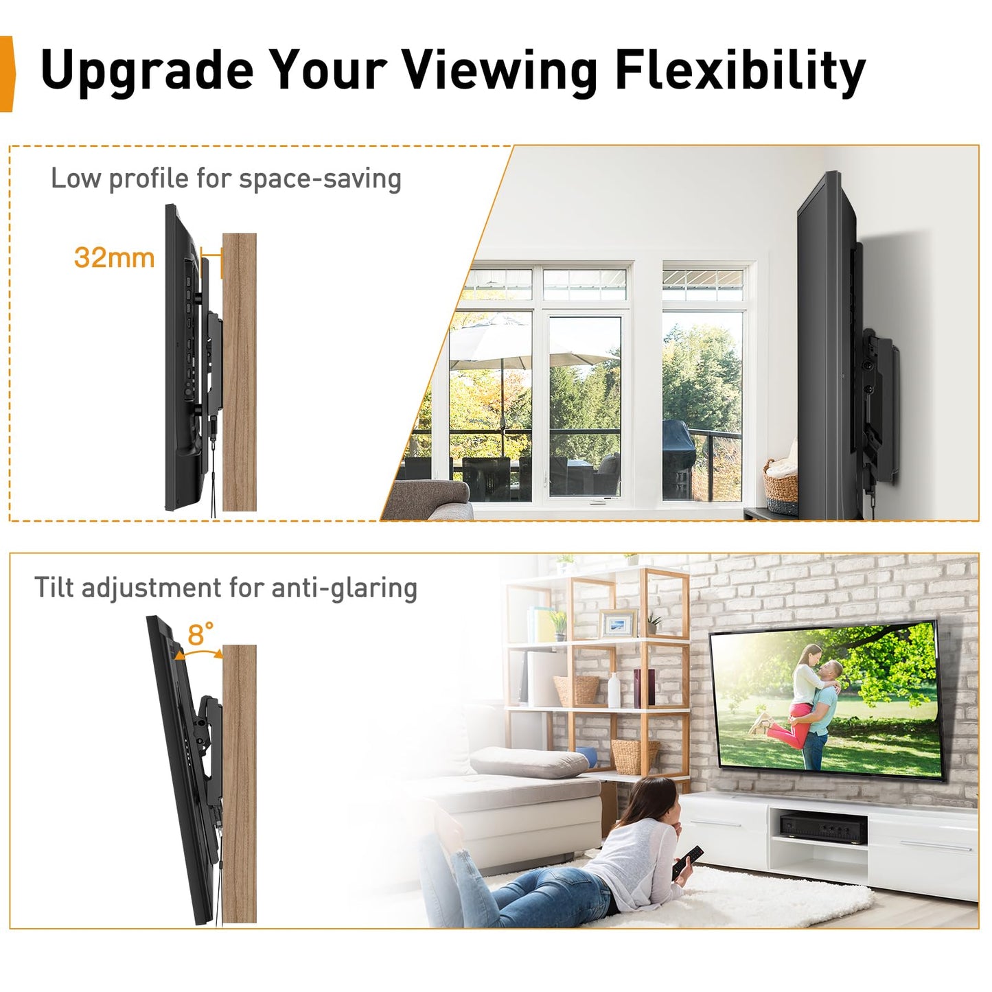 Perlegear TV Wall Bracket for Most 26-65 inch TVs up to 45kg, Max VESA 400x400mm, 55 inch Tilt TV Wall Mount with Pull Cord Safety Locks, PGPIMTK1-E