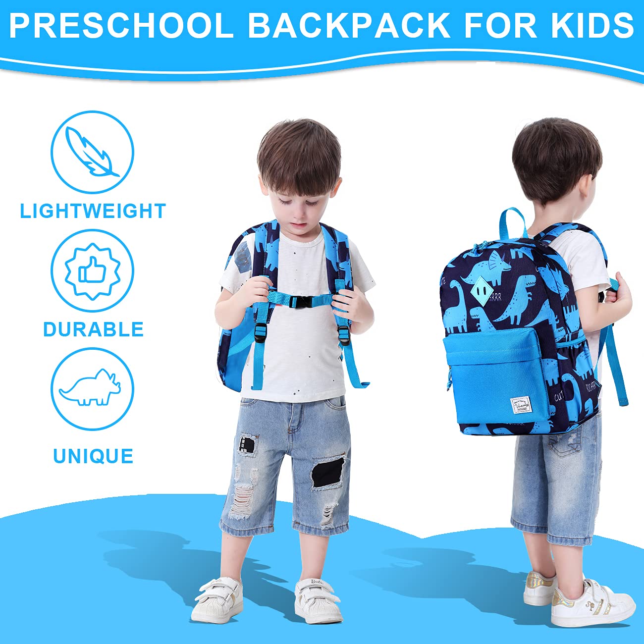 VASCHY Children's Backpack, Cute Boys Waterproof Lightweight Kindergarten School Bag Single with Chest Strap Pockets Large Small 21-dark Blue Dinosaur - Medium