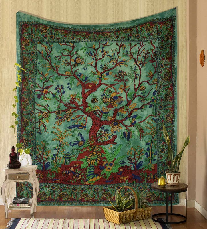 THE ART BOX Tapestry Green Tree of Life Wall Hanging Psychedelic Tapestries Indian Cotton King Bedspread Picnic Sheet Wall Decor Blanket Wall Art Hippie Bedroom Décor (King, 90x105 Inch) 90.00" x 105.00"