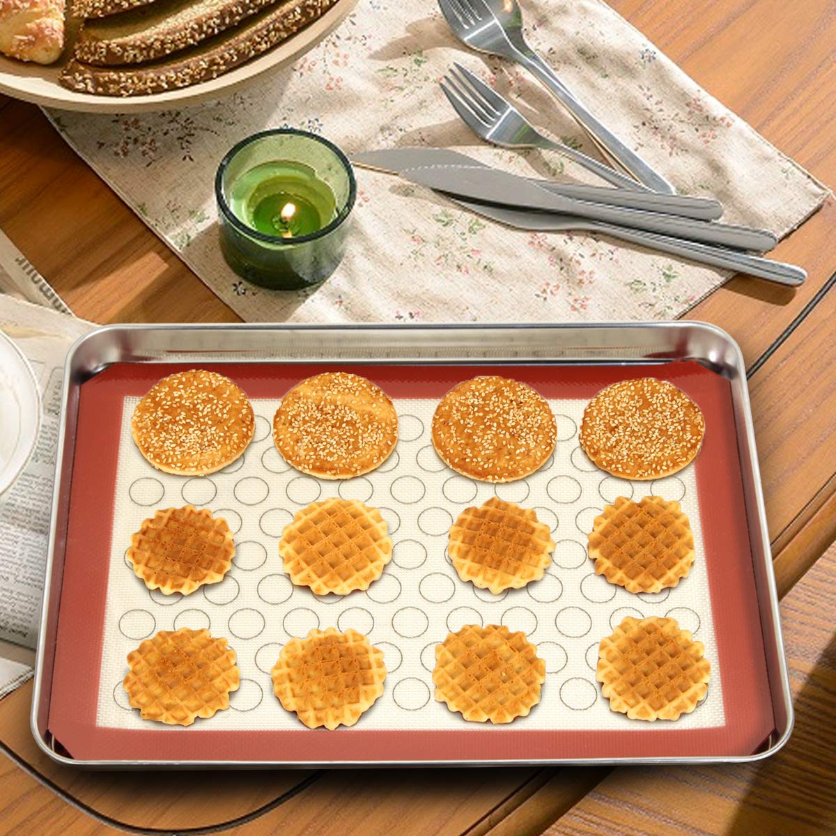 Wildone Baking Sheet with Silicone Mat Set, Set of 6 (3 Sheets + 3 Mats), Stainless Steel Cookie Sheet Baking Pan with Silicone Mat, Non Toxic & Heavy Duty & Easy Clean 16*12*9