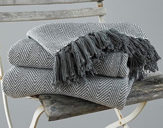 EHC Herringbone King Size 100% Cotton Throws for Sofa Bed Blanket Throw, 220 x 250 cm - Grey King(225 x 250 cm)