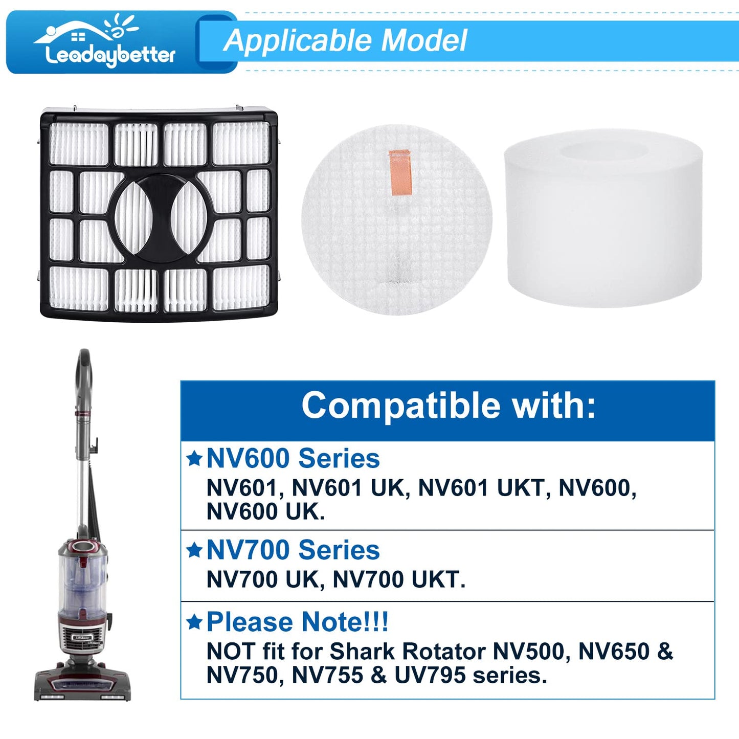 Leadaybetter NV601UK Filter Replacement for Shark Rotator DuoClean Lift-Away NV600 NV601 NV601UKT NV600UK NV700UK NV700UKT Upright Vacuum, Part XFF600 XHF600 1 HEPA Filters + 3 Foam Filters 1+3 pack