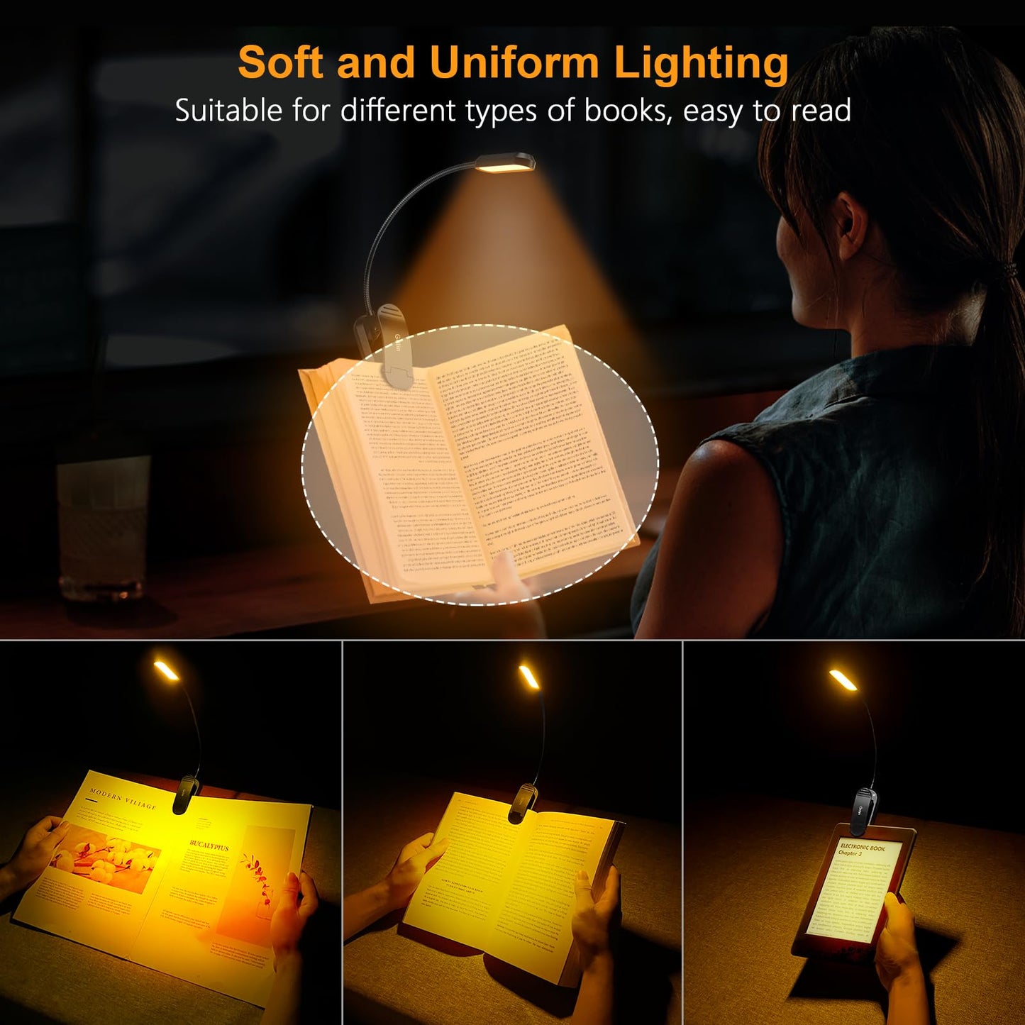 Gritin Book Light Rechargeable, 11 LED Reading Light Clip on Book, 3 Eye-Protecting Modes&Touch Control Stepless Dimming, Long Battery Life, 360° Adjustable Book Lamp for Reading at Night for Readers Black