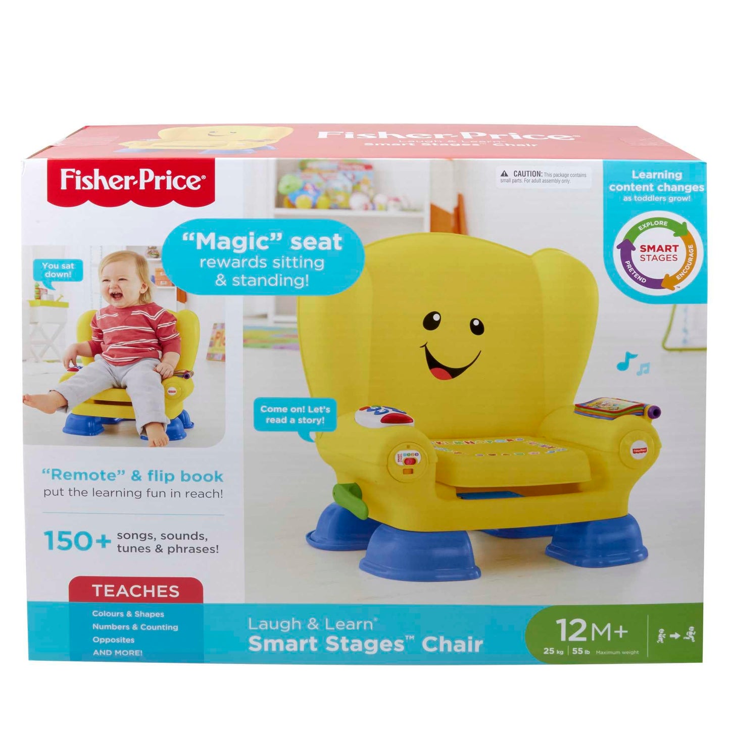 Fisher-Price Laugh & Learn Smart Stages Chair, Interactive Musical Toddler Toy with 150 Songs, Sounds, Tunes, and Phrases, UK English Edition, For 12 Months and Up, Yellow, GXC32 English, UK - Yellow