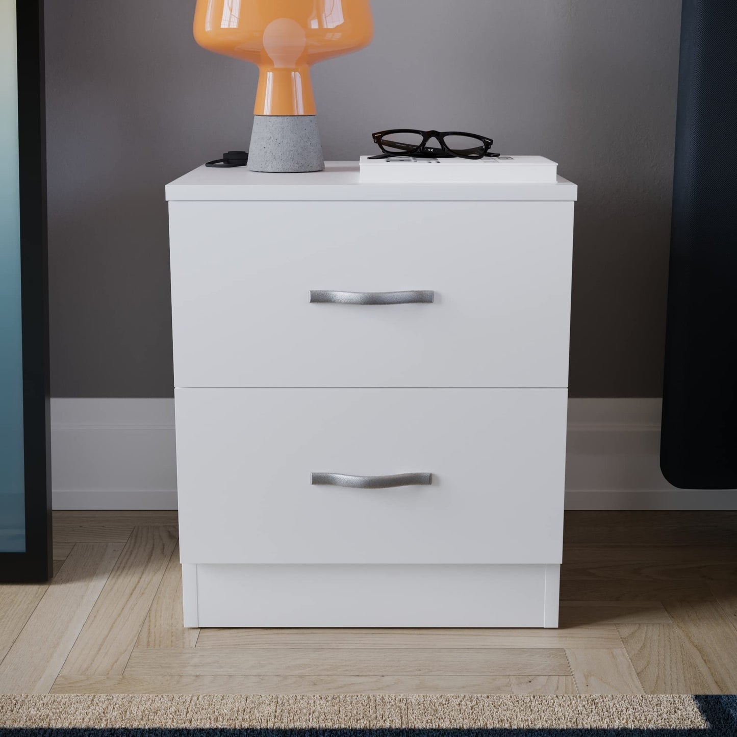 Vida Designs White Bedside Cabinet, 2 Drawer With Metal Handles & Runners, Unique Anti-Bowing Drawer Support, Riano Bedroom Furniture