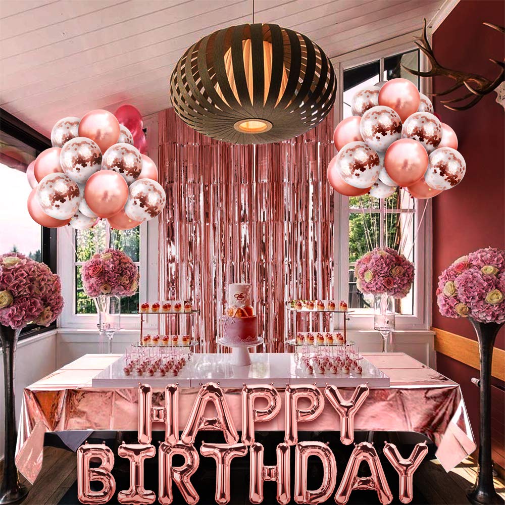 iZoeL Rose Gold Birthday Party Decoration for Girls Women Happy Birthday Banner, Rose Gold Fringe Curtain Foil Tablecloth, Heart Star Confetti Balloons and 10g Table Confetti Pink