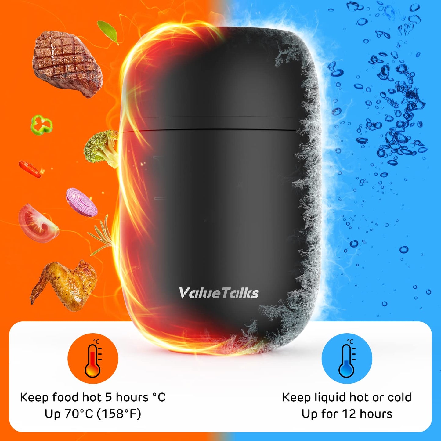 ValueTalks Hot Food Flask,Leak-Proof,Double Walled Insulated BPA Free Stainless Steel Soup Flask,Extra Wide Mouth Food Container with Folding Spoon-450ml (Black) Black