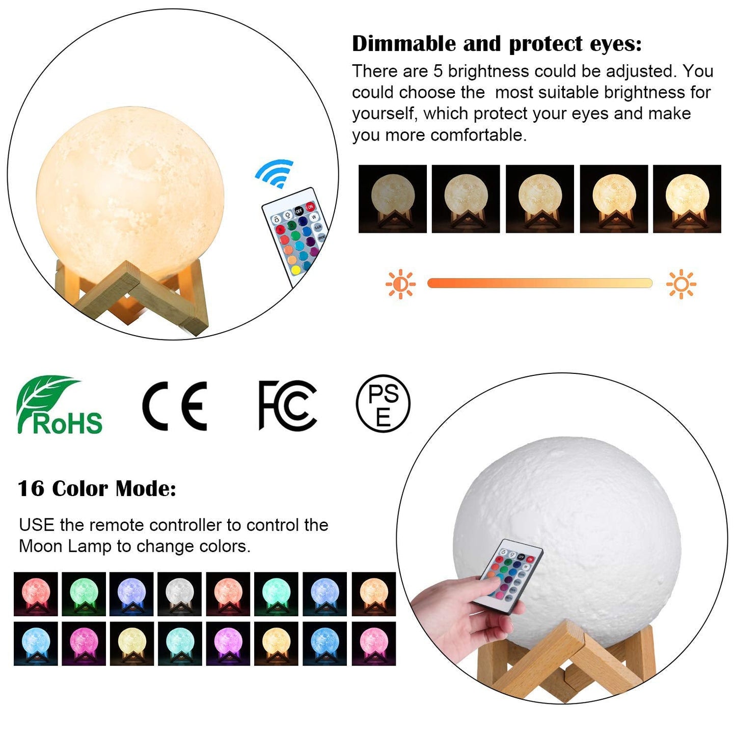 LED Moon Light with Remote Control,Dimmable 15cm 3D Print Moon Lamp LED 16 Colors Portable Night with Touch Control,USB Rechargeable + Built-in Battery