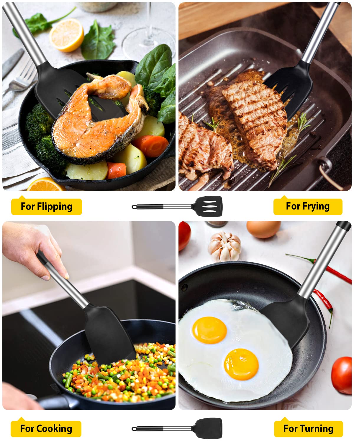 Pack of 2 Silicone Solid Turner,Non Stick Slotted Kitchen Spatulas,High Heat Resistant BPA Free Cooking Utensils,Ideal Cookware for Fish,Eggs,Pancakes (Black) Black