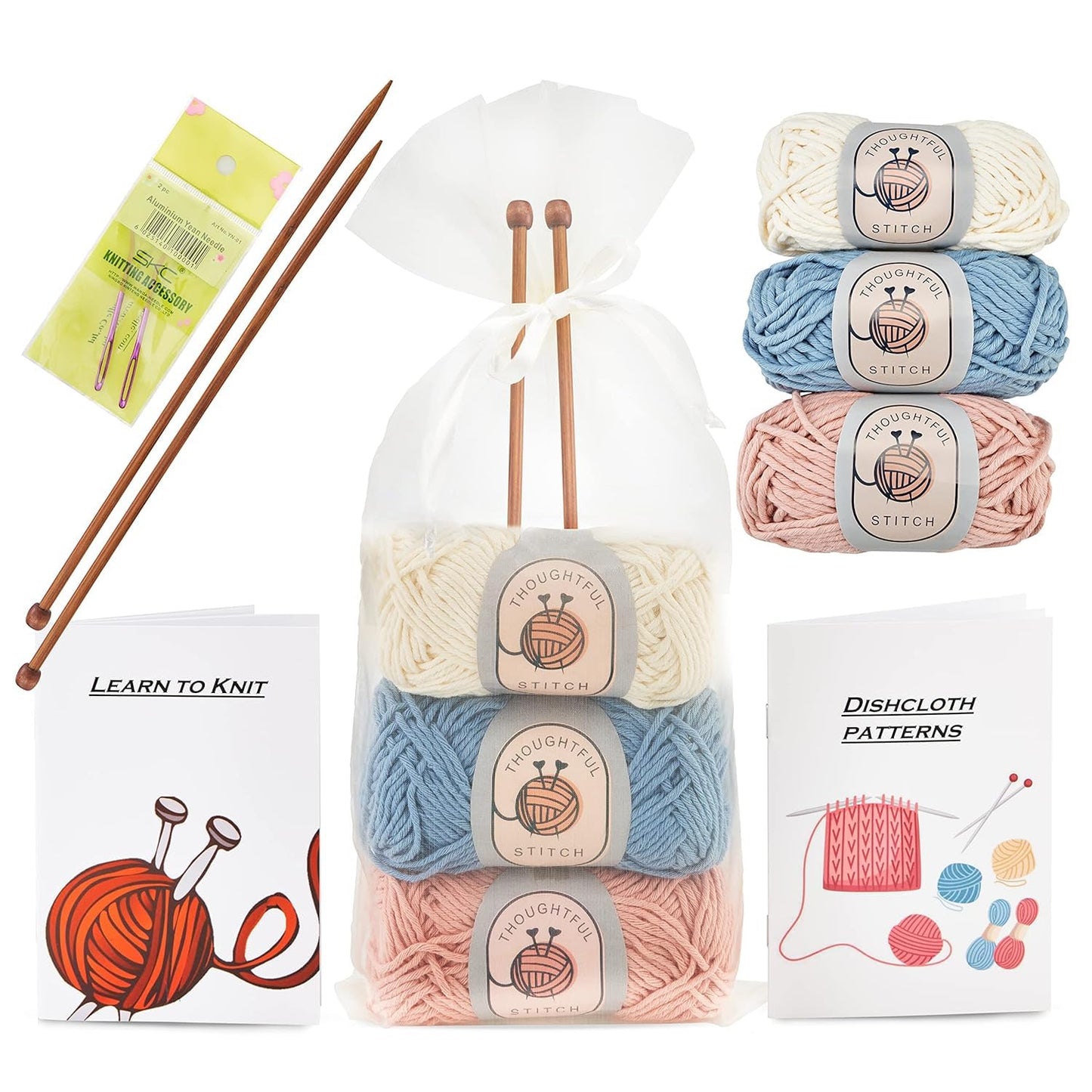 Thoughtful Stitch Knitting Kits for Beginners Adults – Knitting Needle Set - Make Your Own Dishcloth – Craft Kits for Adults – Includes Bamboo Knitting Needles and Yarn Needle – Fantastic Gift