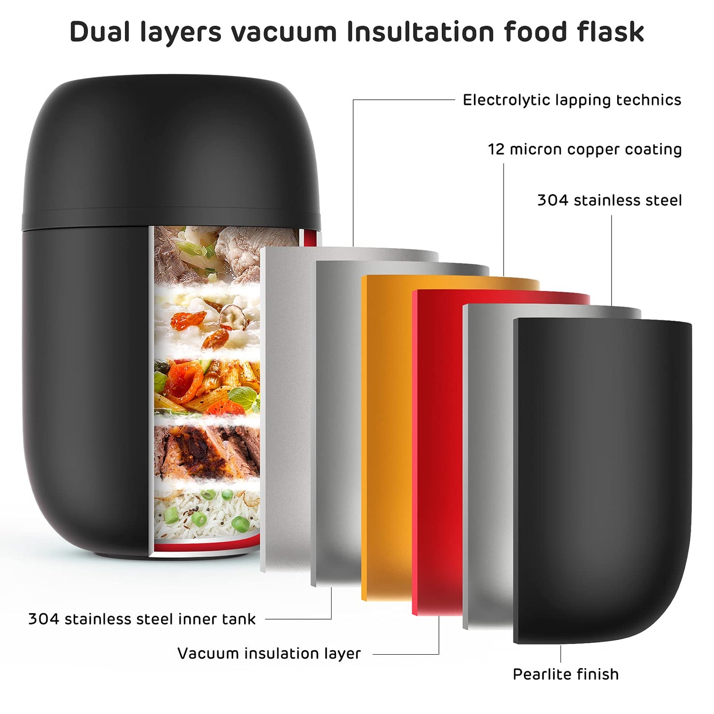 ValueTalks Hot Food Flask,Leak-Proof,Double Walled Insulated BPA Free Stainless Steel Soup Flask,Extra Wide Mouth Food Container with Folding Spoon-450ml (Black) Black