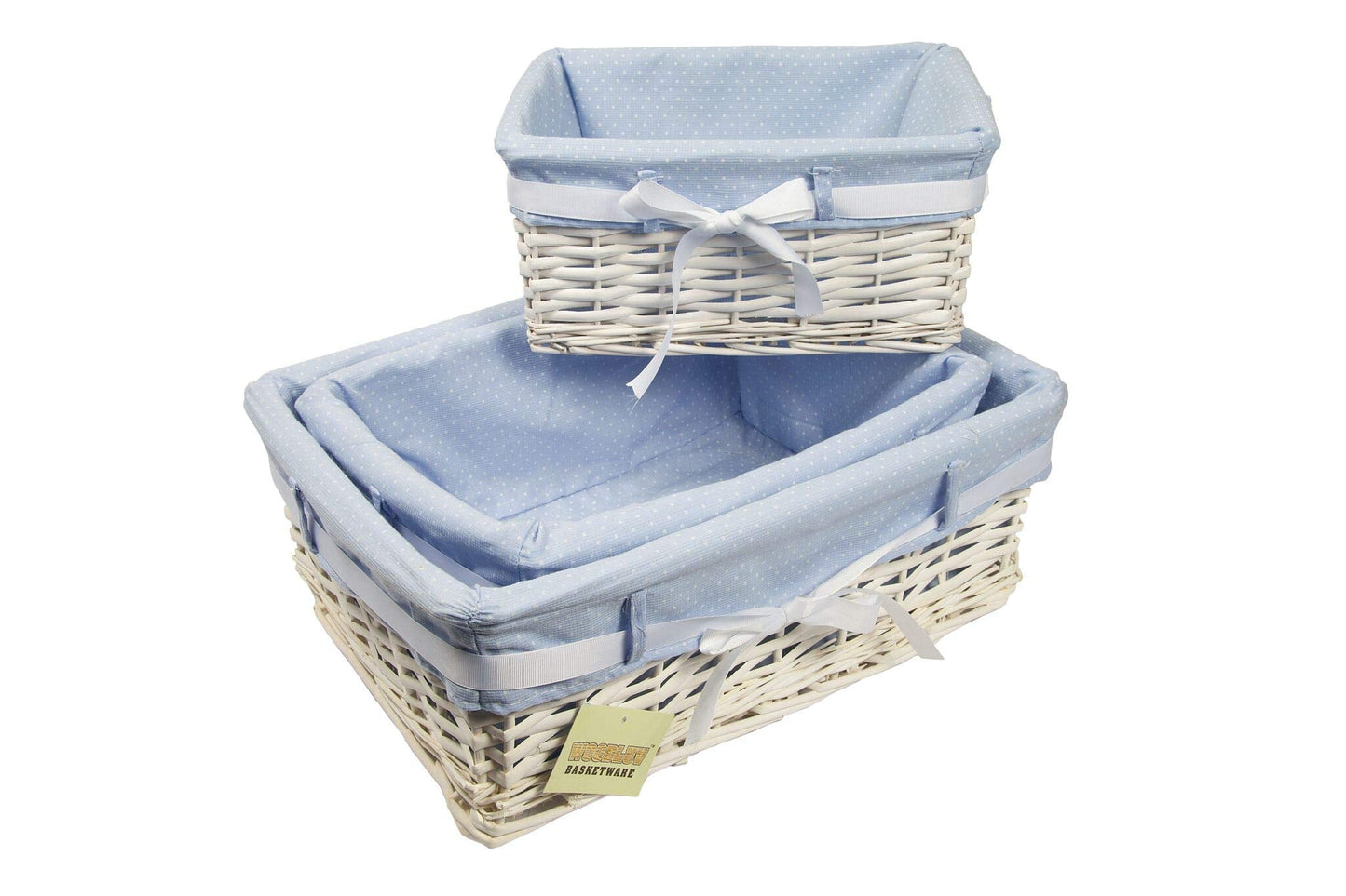 Woodluv Rectangular White Willow Wicker Hamper Storage Basket-With Blue Fabric & Ribbon (Gift Hamper Basket) -Medium Medium