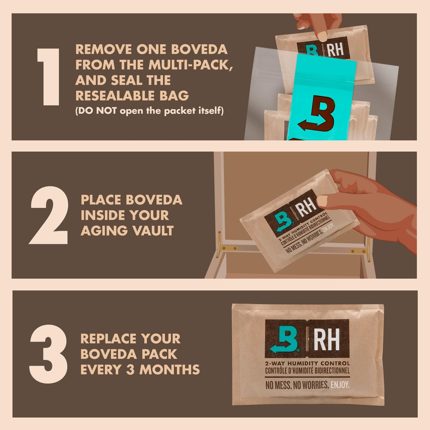 Boveda 72% Two-Way Humidity Control Packs For Wood Containers – Size 60 – 4 Pack – Moisture Absorbers – Humidifier Packs – Hydration Packets in Resealable Bag 72% RH (Cigars/Tobacco)