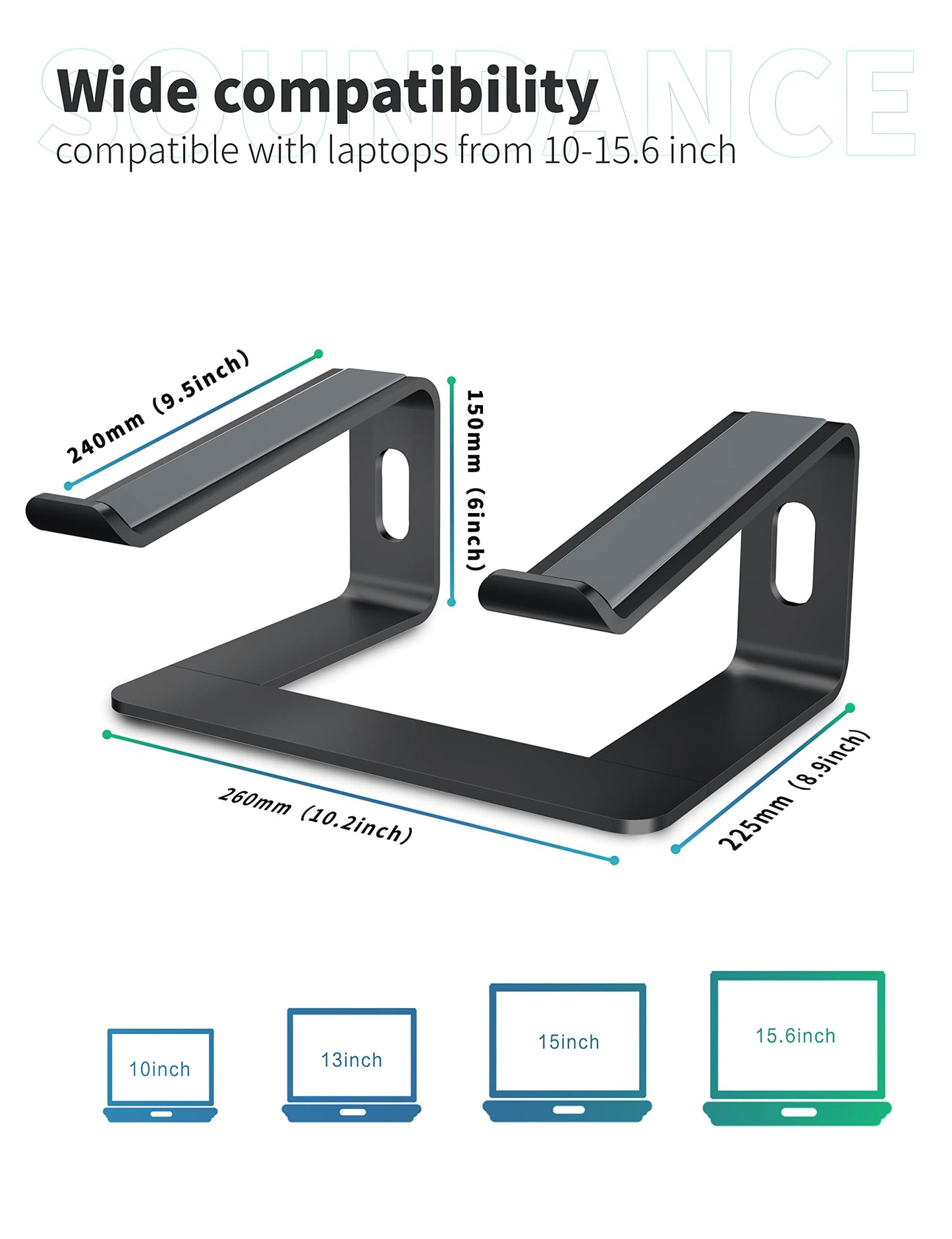 SOUNDANCE Aluminum Laptop Stand for Desk Compatible with Mac MacBook Pro Air Apple Notebook, Portable Holder Ergonomic Elevator Metal Riser for 10 to 15.6 inch PC Desktop Computer, LS1 Black