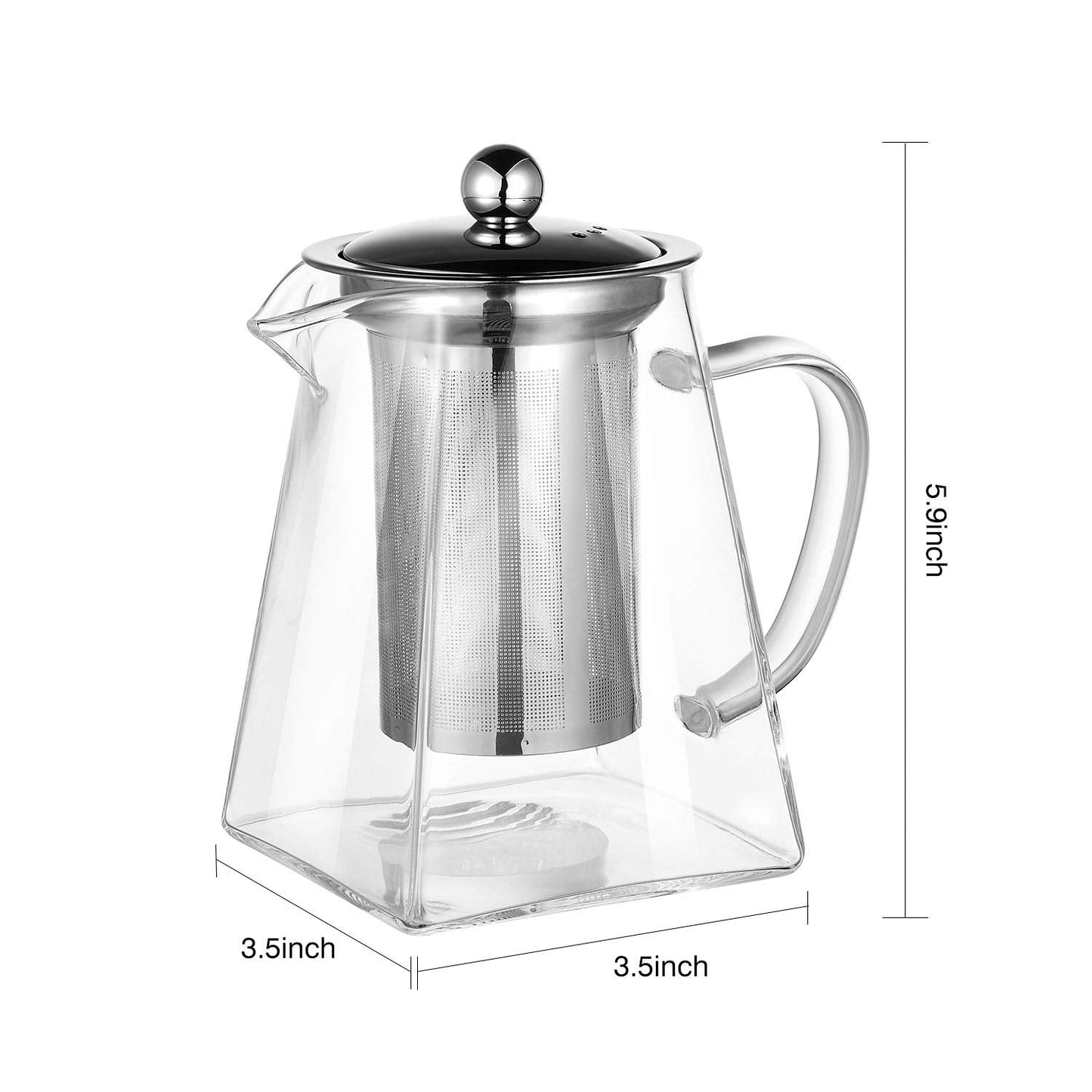 Pluiesoleil 500ML Borosilicate Glass Teapot, Loose Leaf Teapots with Infuser, Square Tea Pot with Strainer, Stovetop Microwave Safe Teapot for 2