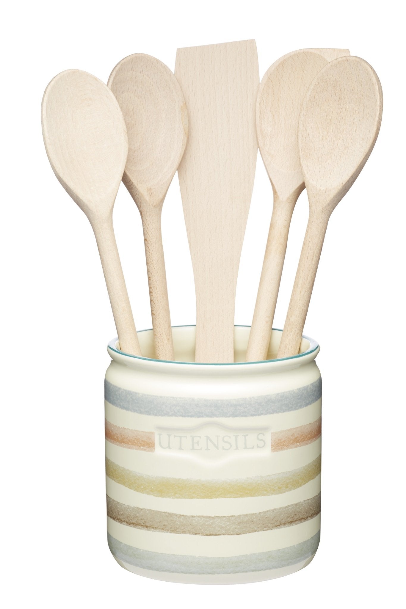 KitchenCraft Kitchen Utensil Holder, Classic Collection, Striped Ceramic Cutlery Holder, 12.5 x 12.5 x 15.5 cm (4.9 x 4.9 x 6.1''), Cream Stripes Single