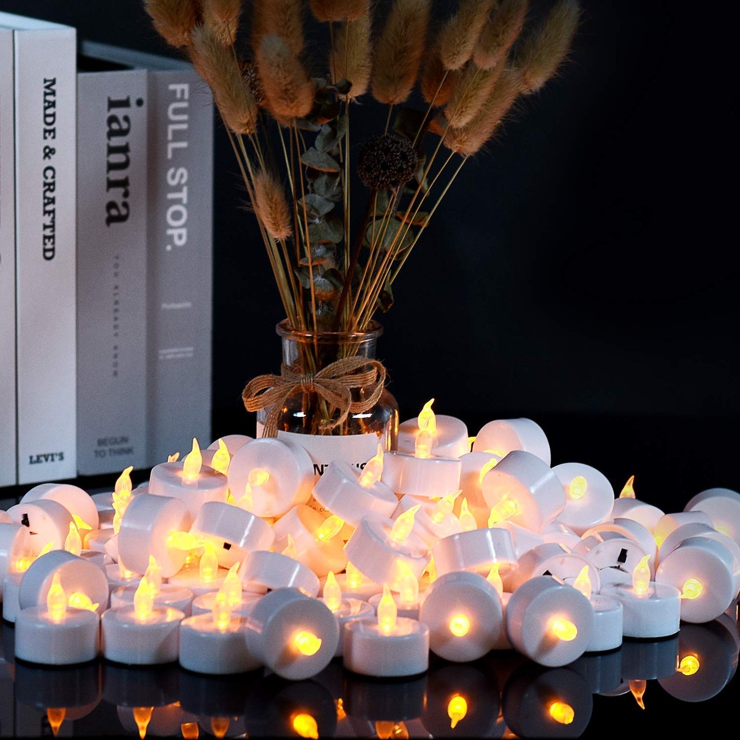 OSHINE 100Pack Battery Tea Lights- Realistic and Bright Flickering Battery Operated Flameless LED Tea Light Battery Powered 200+Hours(Warm Yellow) Warm Yellow Lights