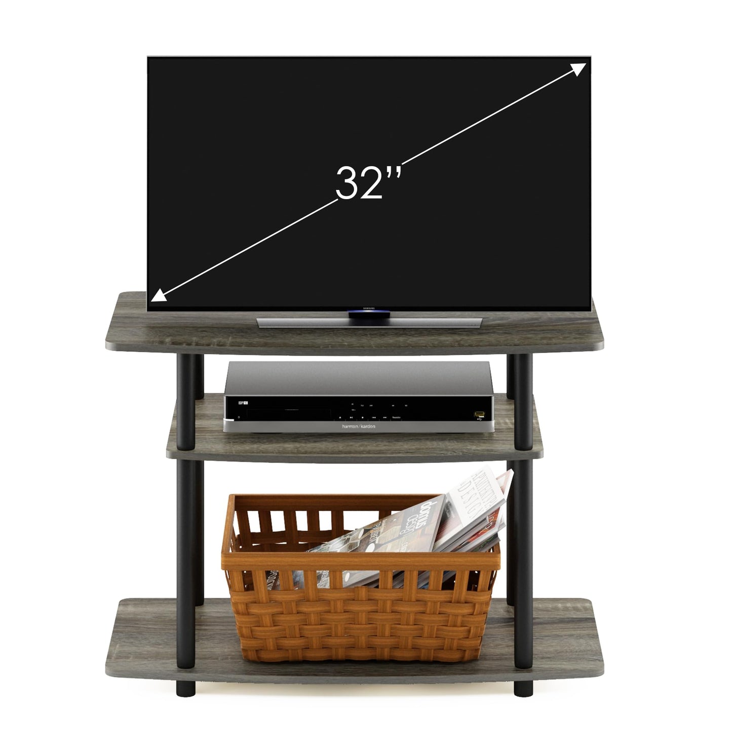 Furinno No Tools 3-Tier Entertainment Center Stand, TV Stands, TV Unit, TV Shelf, French Oak/Black Round Tube