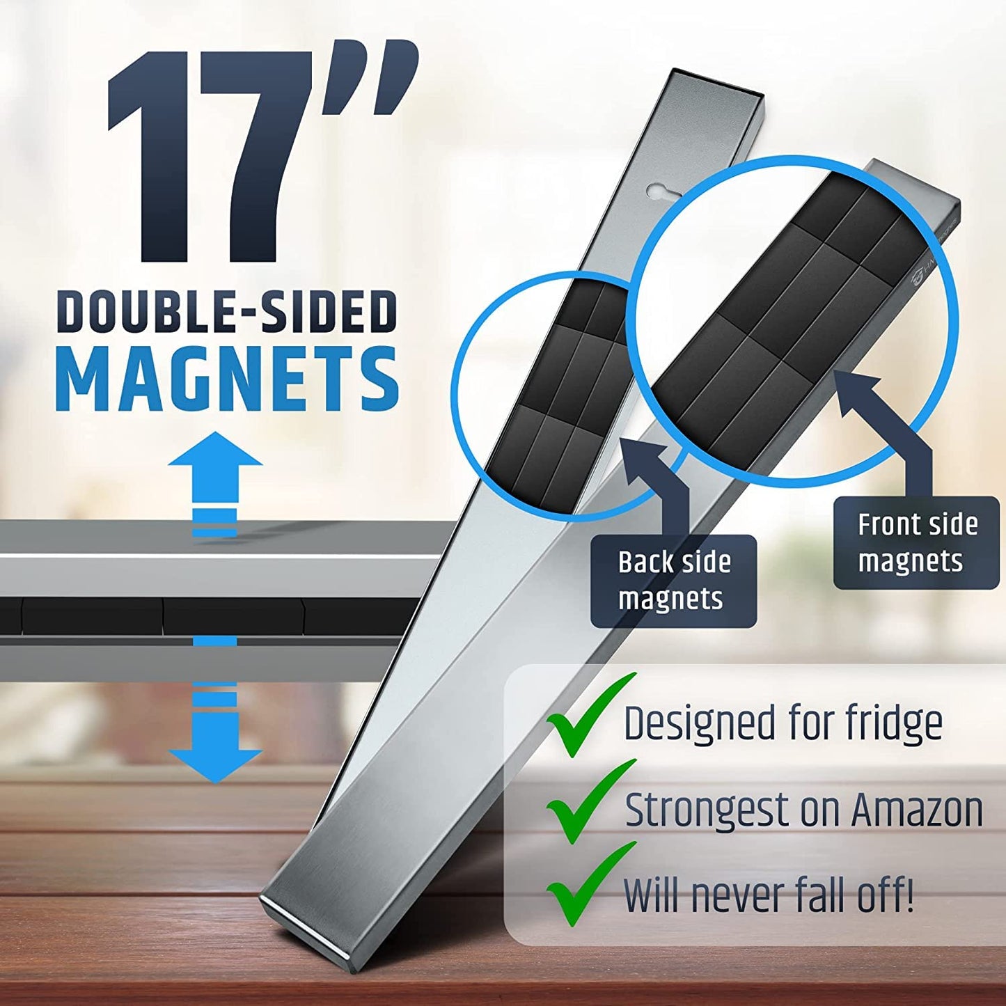 Premium Magnetic Knife Holder for Refrigerator That Doesn't Slide - 43cm Professional Double Sided Knife Strip for Fridge - Knife Rack/Knife Bar with Powerful Magnetic Pull Force (Upgraded Version) 43cm - Fridge