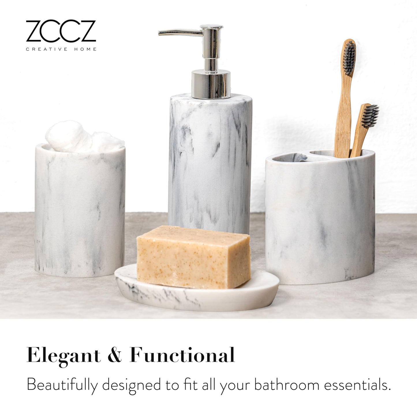 ZCCZ Bathroom Accessory Set 4 Pcs, Bathroom Décor Accessories with Soap Dispenser, Toothbrush Holder, Bathroom Tumbler, Soap Dish, Marble Look Bathroom Vanity Countertop Accessory Set White