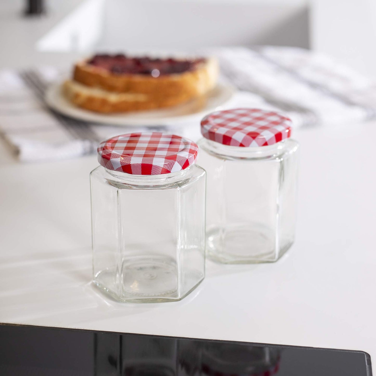 Hexagonal Mouth Glass Jam Jars - Set of 24 | 250ml Capacity | Glass Preserve Pots | Screw Top | Gingham Lids | Airtight Pickle & Sauce Jars | M&W