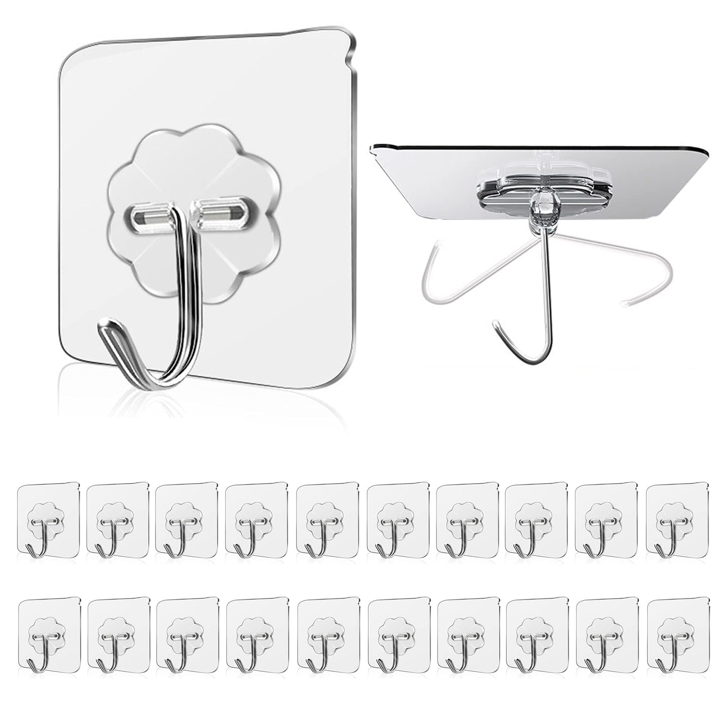 Wall Hooks 33lbs/15Kg(Max) Transparent Reusable Seamless Hooks for Hanging,Waterproof Oilproof Bathroom Kitchen Heavy Duty Adhesive Hooks,Coat Hooks, Utility Towel Bath Ceiling Hooks (20Pack) 20