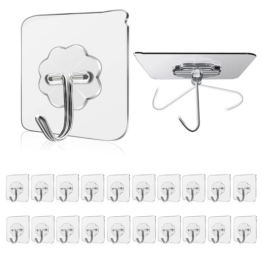 Wall Hooks 33lbs/15Kg(Max) Transparent Reusable Seamless Hooks for Hanging,Waterproof Oilproof Bathroom Kitchen Heavy Duty Adhesive Hooks,Coat Hooks, Utility Towel Bath Ceiling Hooks (20Pack) 20