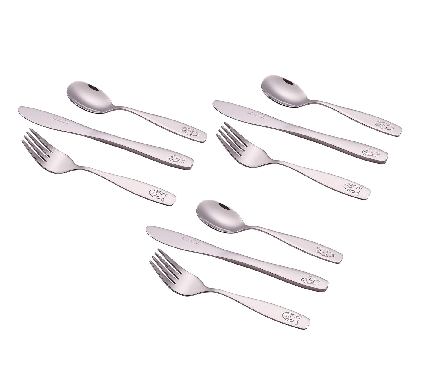 Exzact Childrens Cutlery 9pcs Set Stainless Steel Kid Cutlery/Todler Silverware 3 x Forks, 3 x Safe Dinnerknives, 3 x Dinner Spoons - Dog Cat Bunny Design