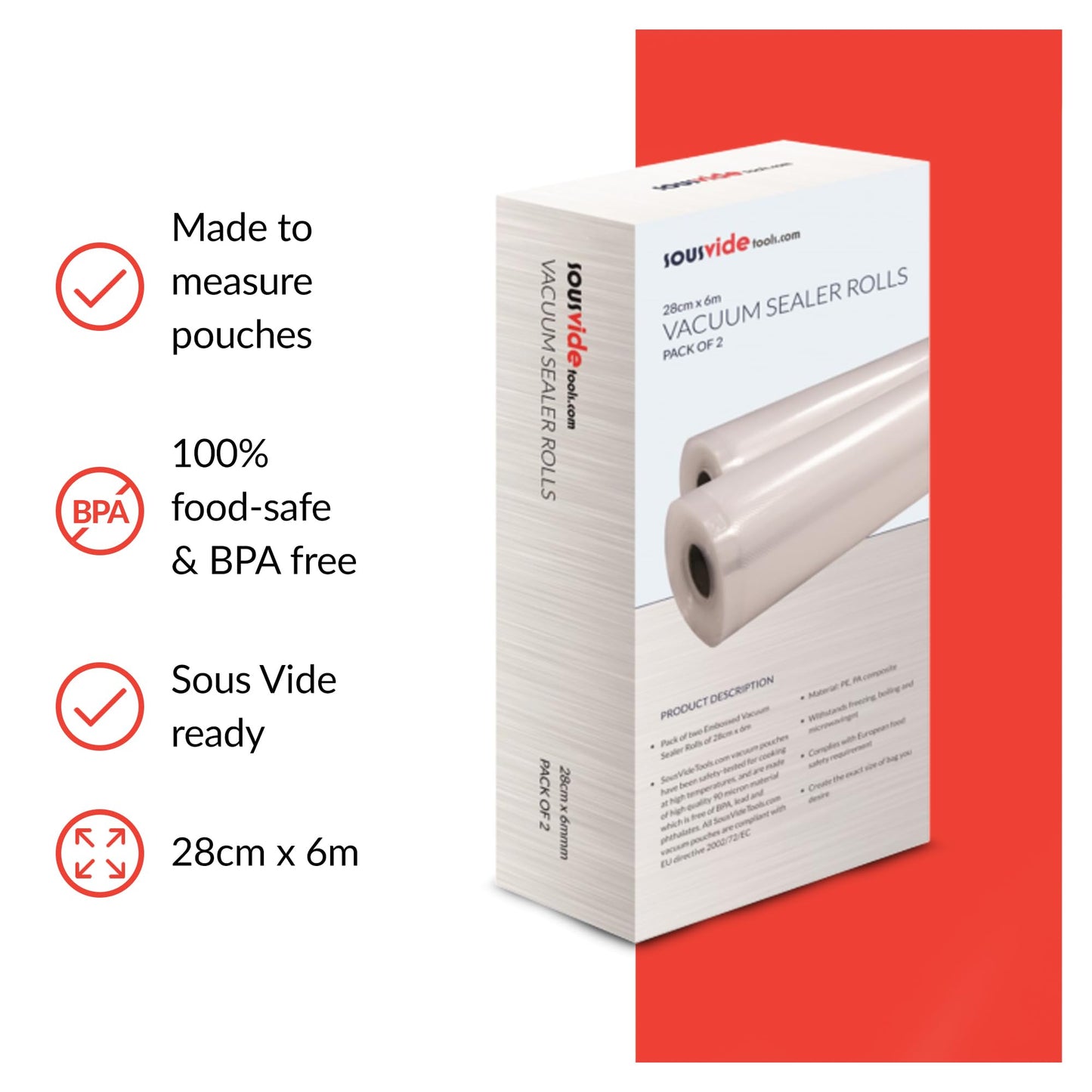 SousVideTools | Vacuum Sealer Rolls Pack of 2 | 28 cm x 6 m | Embossed Plastic Food Storage | Sous Vide Cooking, Boiling, Freezing and Microwaving 28 cm x 6m