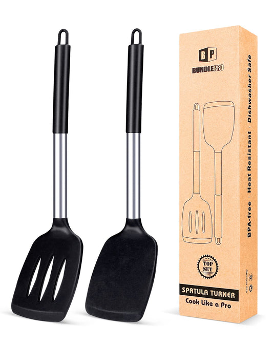 Pack of 2 Silicone Solid Turner,Non Stick Slotted Kitchen Spatulas,High Heat Resistant BPA Free Cooking Utensils,Ideal Cookware for Fish,Eggs,Pancakes (Black) Black