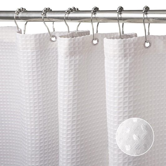 VANZAVANZU Shower Curtain for Bathroom with Metal Hooks Waffle Fabric Shower Curtain Heavy Duty Bath Curtain for Wet Room Bathtub Shower Stall, Weighted Hem, Water Resistant - 182 x 214cm (White) Waffle - White 182 x 214cm (WxH)