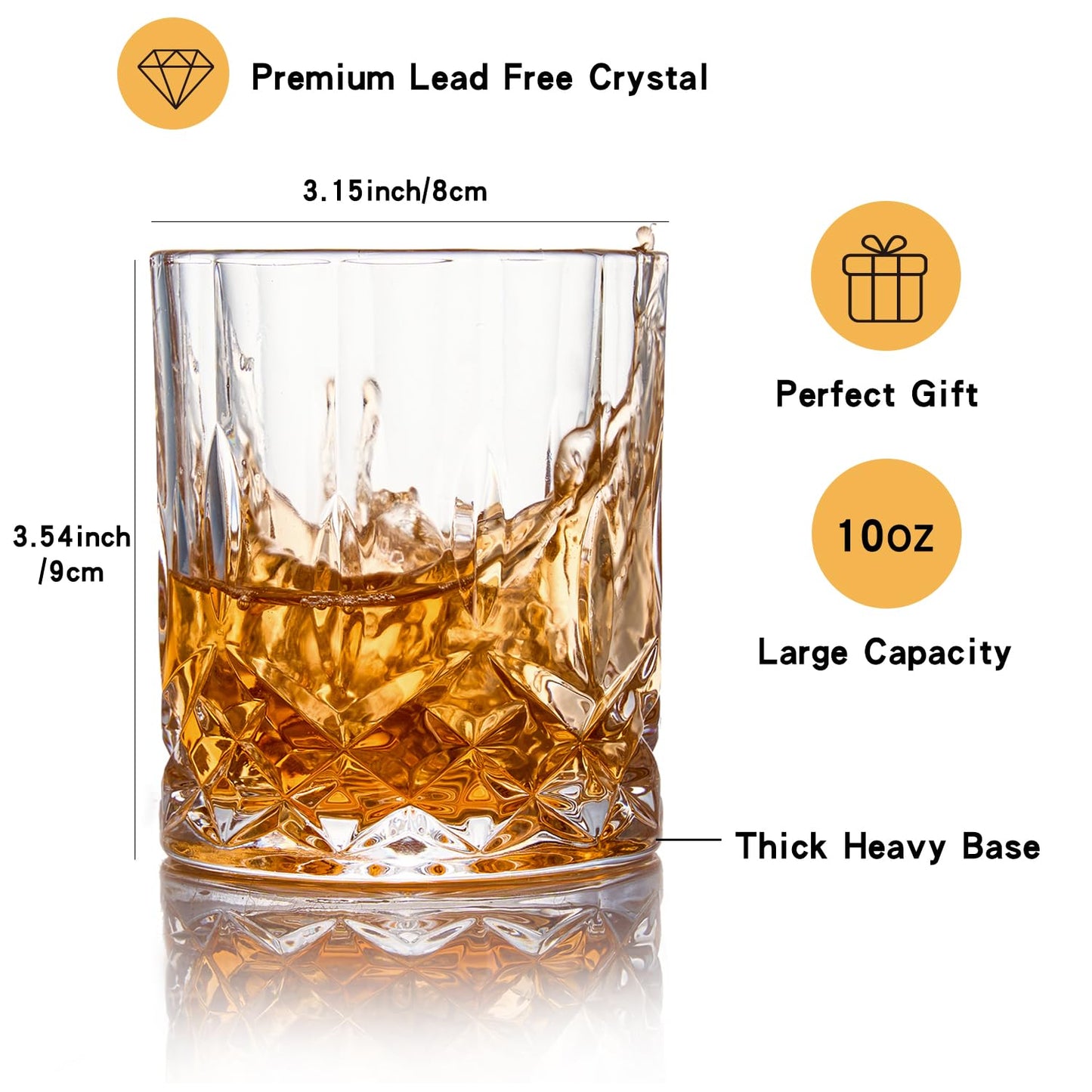 GLASKEY Whiskey Glasses Set of 4,315ml Lead-Free Crystal Whiskey Tumbler,Dishwasher Safe Rocks Glass Rum Cocktail Drinkware,Personalised Whisky Glass Gift Set for Men, Dad, Brother 315ml