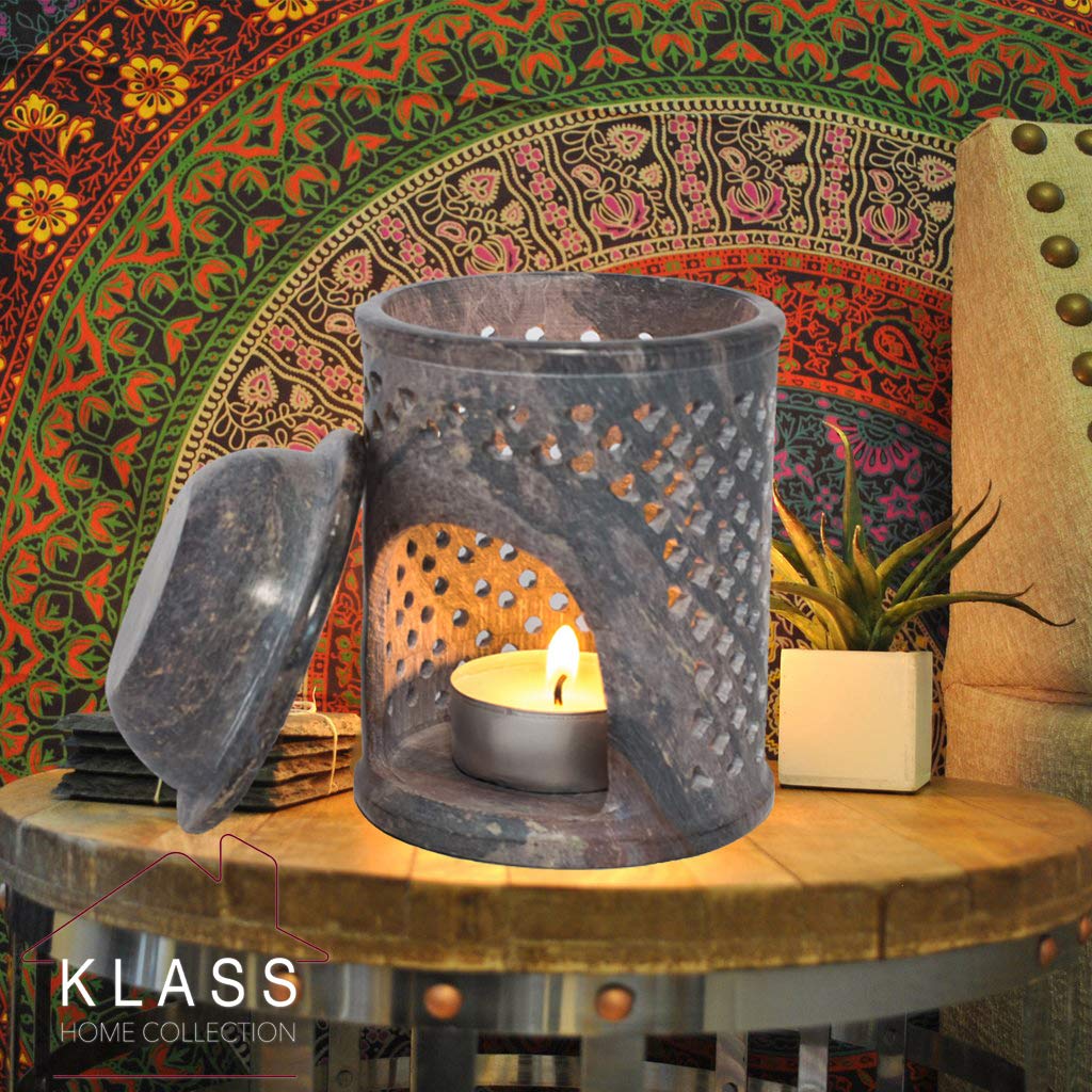 Klass Home Jali Soapstone Oil Burner Moroccan Style Wax Melt Burner for Home Decor, Oil Diffuser Wax Burner for Bedroom decor, Essential Oil Diffuser Warmer Tea Light Candle Holder Burner