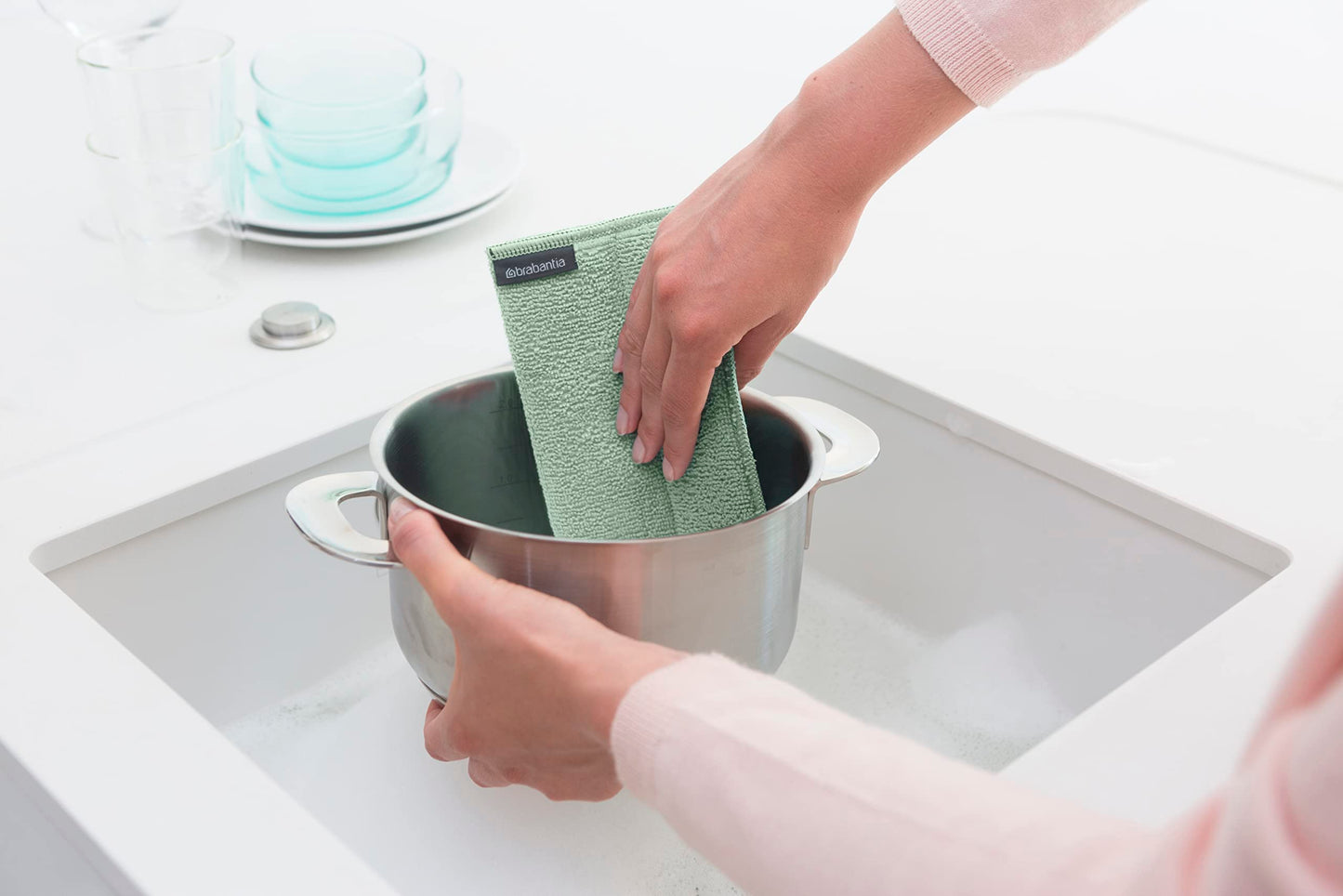 Brabantia - Sinkside Microfibre Cleaning Pads - Sponge & Microfibre - Machine Washable - Absorbs 7 Times its Own Weight - for Cleaning Dishes, Counters & Mirrors - Set of 3 - Jade Green