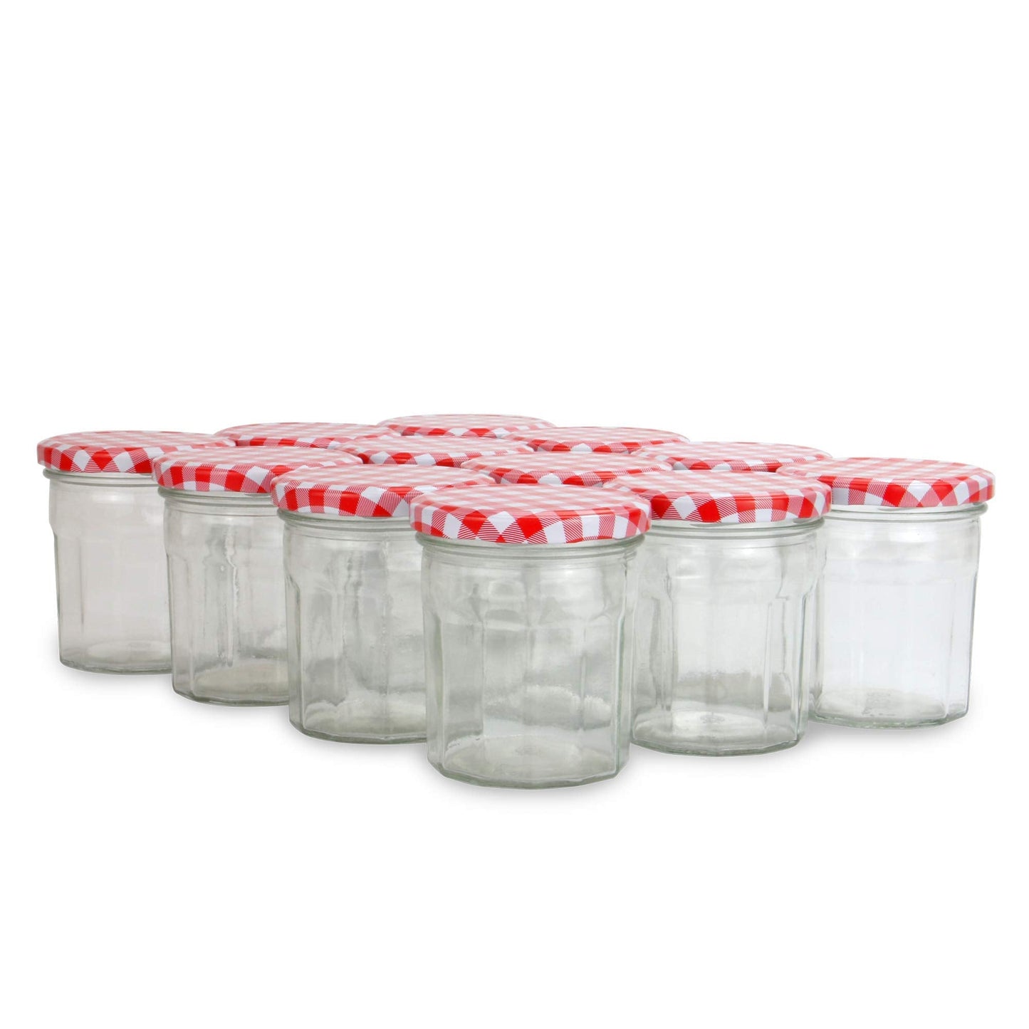 Glass Jam Jars | Set of 12 | Wide Mouth 324ml Glass Preserve Pots | Screw Top Red Gingham Lids | Airtight Pickle Jars | Homemade Jam, Marmalade & Chutney Jar | M&W