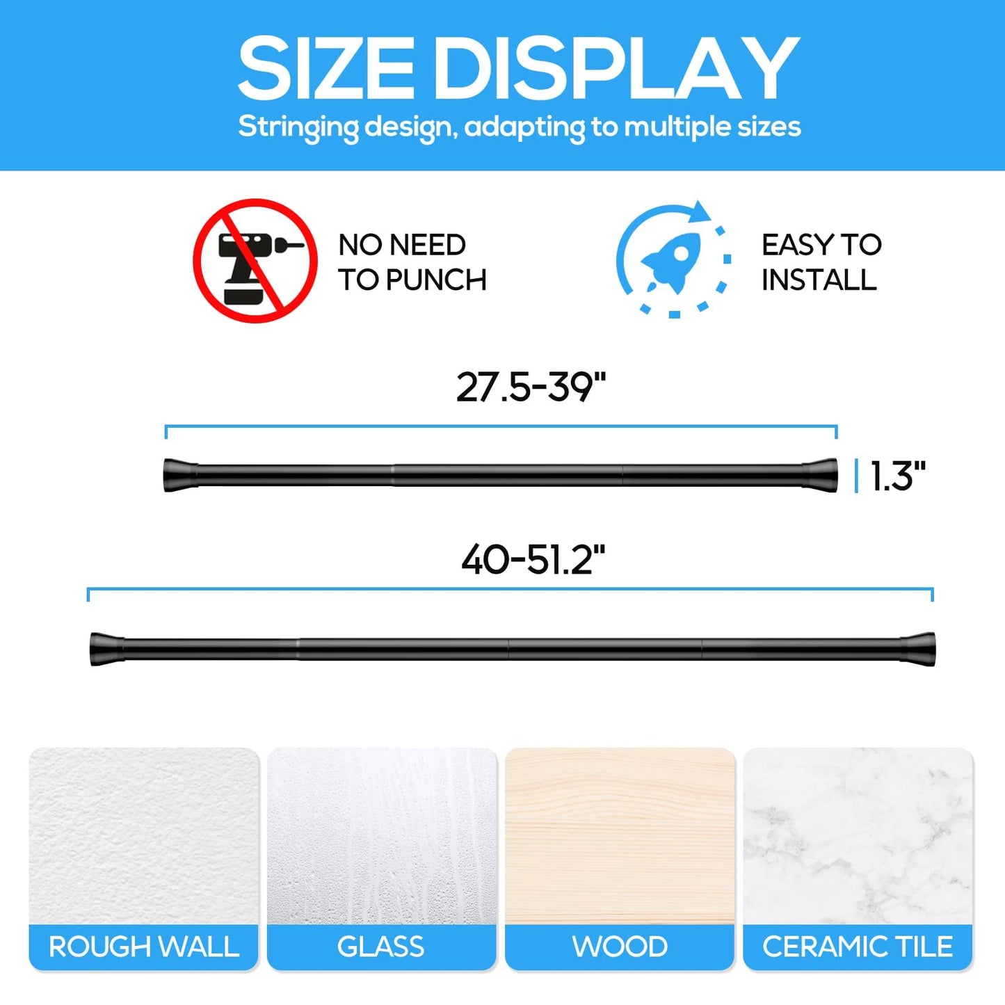 Extendable Curtain Poles Shower Curtain Rail 70-130 cm Tension Rods for Curtains Shower Curtain Rod Shower Curtain Pole Tension Rod Curtain Poles No Drilling Shower Pole Black 1Pcs Diameter:22 mm 70~130cm 1p