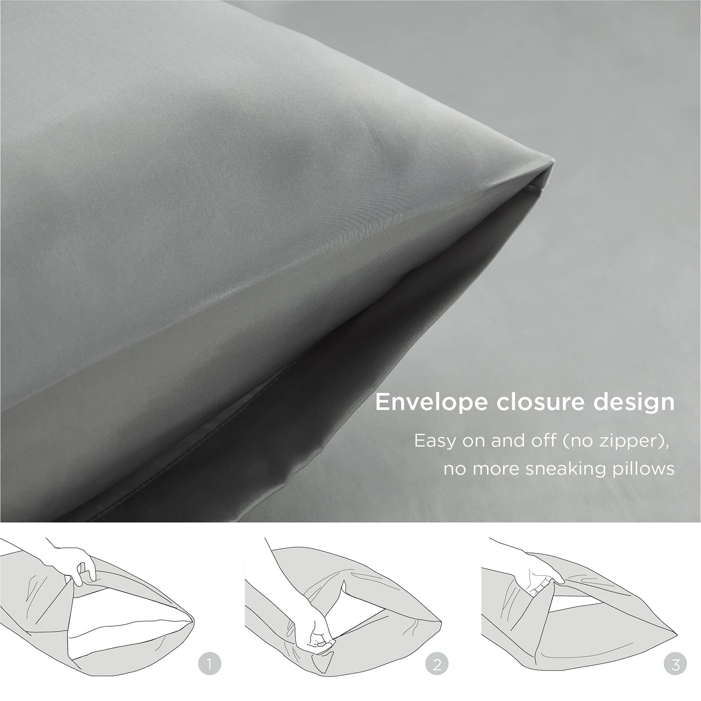 Bedsure Satin Pillow Cases 2 Pack - Grey Pillowcase for Hair and Skin Standard Size with Envelope Closure, 50 x 75 cm 01 - Grey 2pcs Pillowcases(50x75cm)