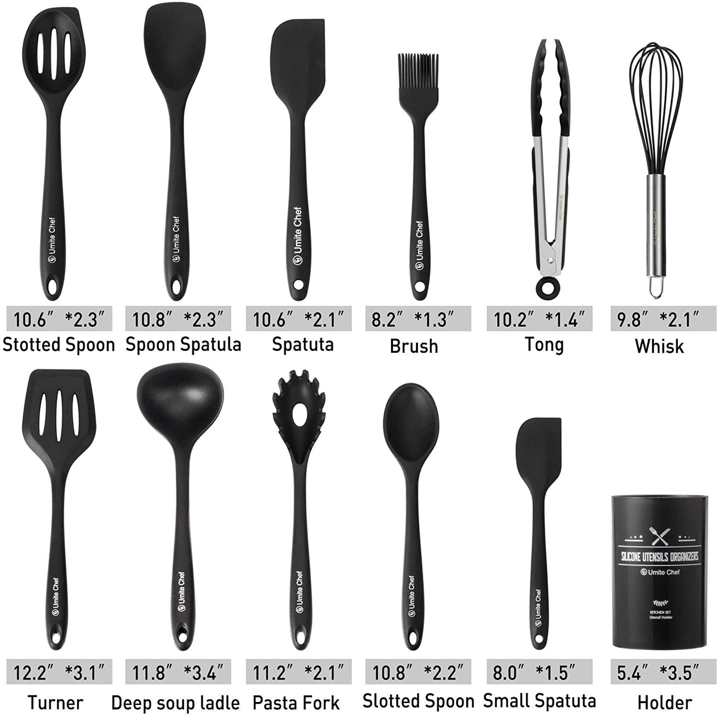 12 PCS Silicone Kitchen Cooking Utensil Set, Heat Resistan BPA-Free Kitchen Utensils, Umite Chef Nonstick Cookware with Spatula, Kitchen Tool Gadget with Holder, Kitchen Tool Gift (Black)