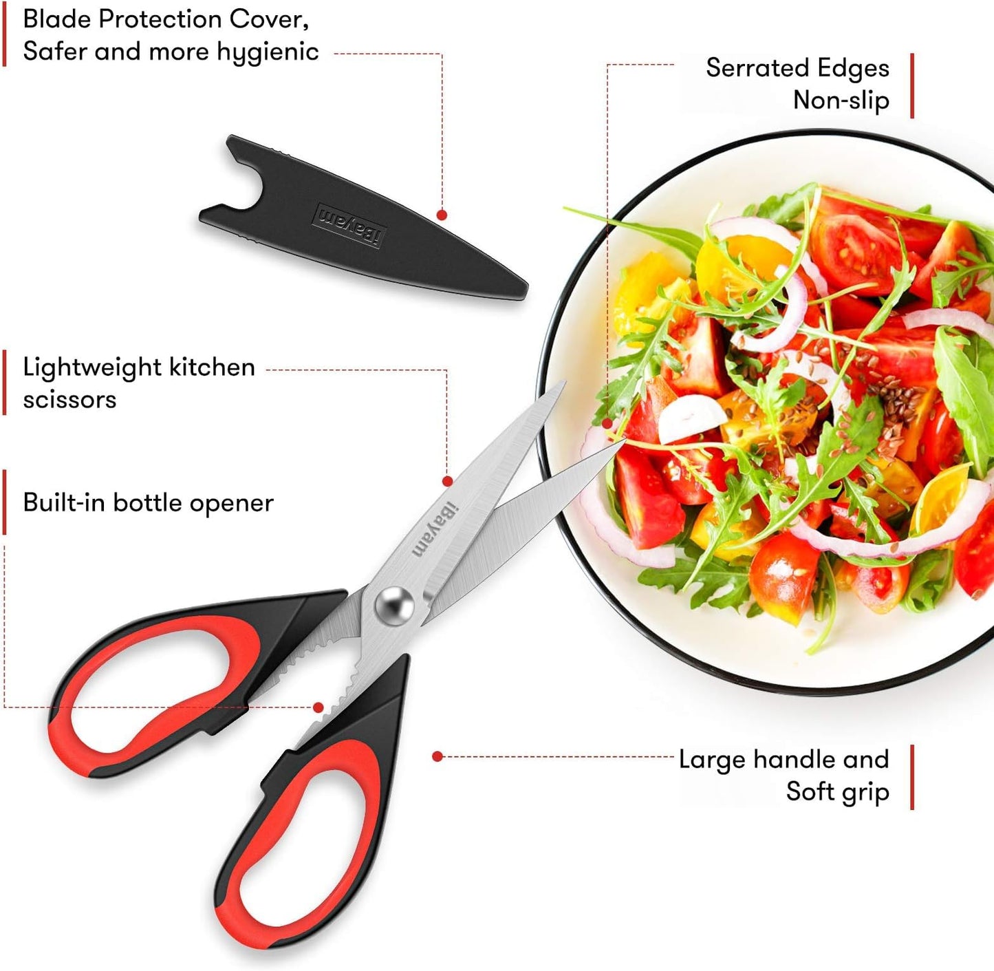 Kitchen Shears, 2-Pack Kitchen Scissors Heavy Duty Meat Scissors, Dishwasher Safe Cooking Scissors, Multipurpose Stainless Steel Sharp Utility Food Scissors for Chicken (Red,Black,Grey) Red,black,grey