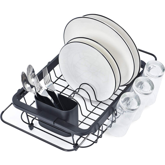 Kingrack Dish Sink Drainer, Dish Drying Rack Over Sink, Extendable Dish Drainer Black With Removable Cutlery Holder, Glass Holder,Dish Rack in Sink or On Counter, Plate Rack Drainer for Kitchen, Black M